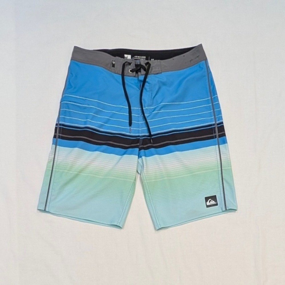 Quiksilver Men's Blue Green Striped Board Shorts Swim Trunks Size 32